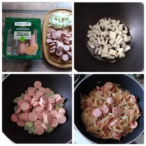 Вермишель с жареным луком и сосисками