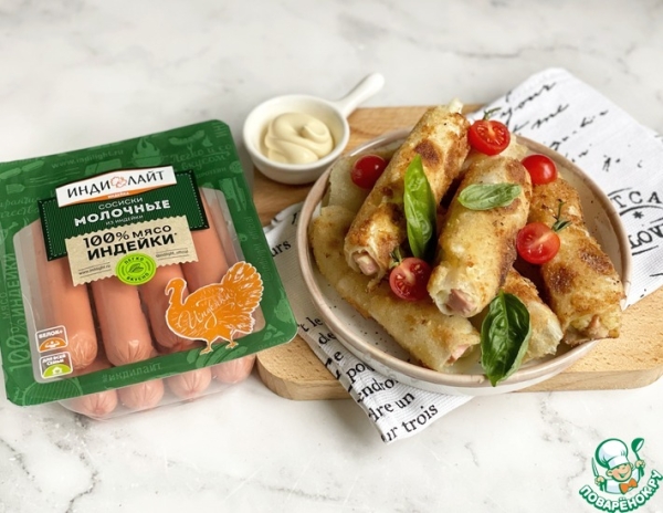 Капустные трубочки с сосисками и картофелем Капустные трубочки с сосисками и картофелем