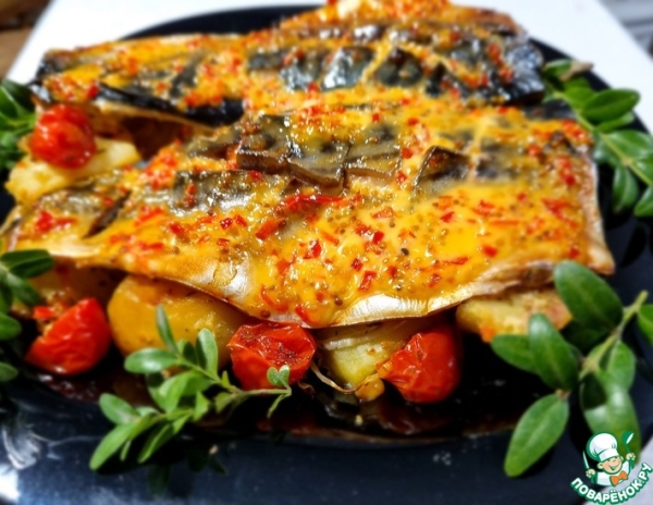 Скумбрия запеченная с овощами