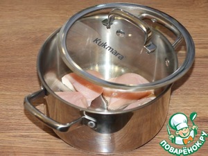 Галушки с курицей, грибами и луком