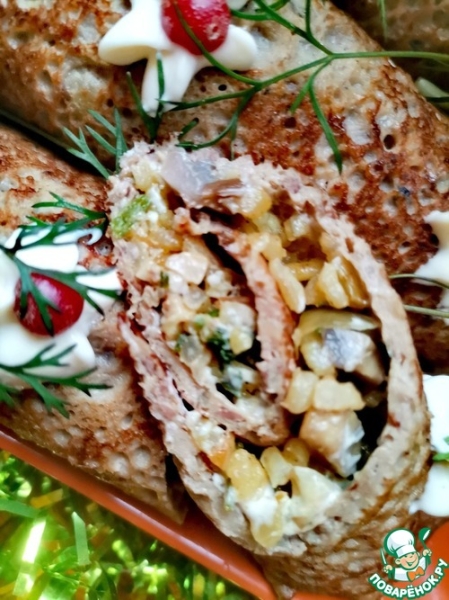 Закусочные печёночные блинчики с грибами Закусочные печёночные блинчики с грибами