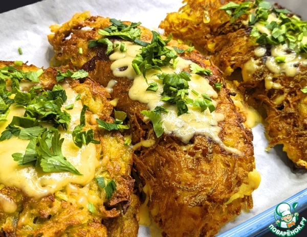 Картофельные лепешки с курицей и грибами Картофельные лепешки с курицей и грибами